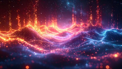 A vibrant digital waveform with glowing lines and particles