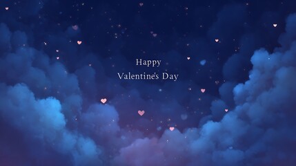 A festive Happy Valentine's Day message surrounded by golden hearts and clouds on a dark blue background with a romantic ambiance