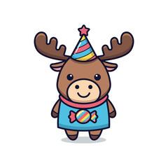 Adorable Cartoon Moose Celebrating Birthday