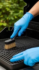 Person Cleaning a Grill with a Brush and Blue Gloves