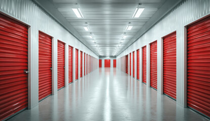 Fototapeta premium Long, spacious storage unit with white interior walls and ceiling, featuring multiple red roll-animated movie doors on each side, illuminated by overhead fluorescent lighting