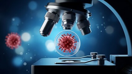 Microscope examining a red coronavirus particle on a blue background