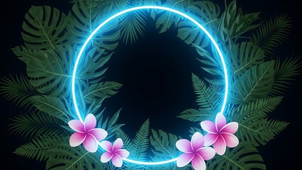 Neon Blue Circle with Pink Flowers and Green Ferns on Dark Background