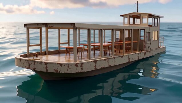 Rustic wooden boat drifting on calm sea at sunset.