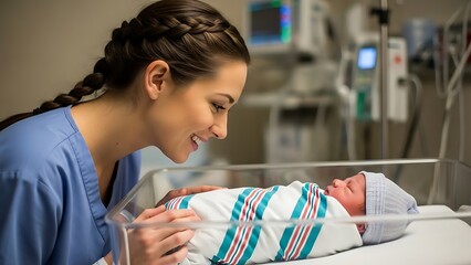 Nurse smiling at newborn baby in hospital crib