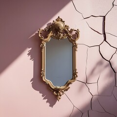 Ornate Vintage Mirror on Cracked Pastel Wall &ndash; Surreal Luxury Interior Concept