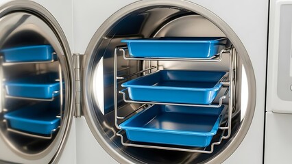 Open industrial oven with blue trays inside stainless steel