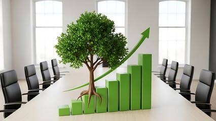 Green tree growing from ascending bar graph in a conference room with black chairs