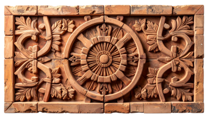 A decorative terracotta relief featuring a wheel and floral patterns