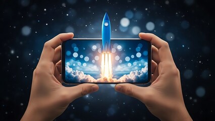 Hands holding smartphone displaying rocket launch with blue sky and clouds
