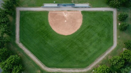 Aerial view of a baseball field. the field is surrounded by trees and there is a fence on the right side of the image. the grass on the field is well-manicured and appears to be well-maintained.