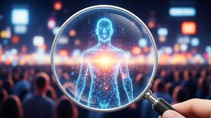 Magnifying glass revealing a glowing human figure with a crowd in the background