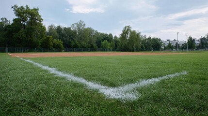 Obraz premium Baseball field with a grassy field in the foreground. the field is surrounded by a fence and there are trees in the background. the sky is blue with some clouds and the sun is shining brightly.
