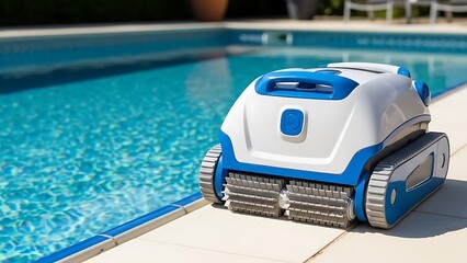 Blue and white robotic pool cleaner on poolside water
