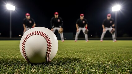 Baseball on grass with players in background at night