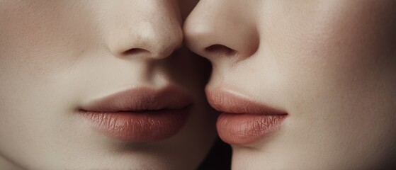 Beauty campaign shoot of two faces blending in symmetry, natural tones, lips soft and serene, elegant and poetic.
