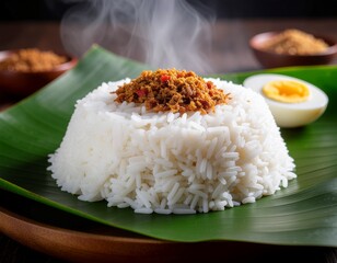 Hot White Rice with Banana Leaf