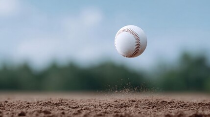 Baseball in mid-air, with a blurred background of a baseball field. the ball is white with red stitching and appears to be in the process of being thrown into the air.