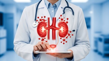 Doctor holding tablet with 3 D kidney and cells white coat