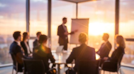 Obraz premium A blurred image depicts a business presentation in a modern boardroom, bathed in warm sunset light, with a speaker addressing colleagues.