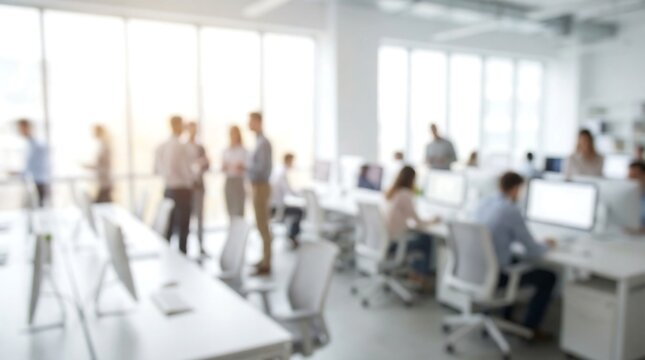 A blurred image captures a bustling open-plan office environment with employees engaged in tasks and discussions, depicting a dynamic modern workspace. - Powered by Adobe