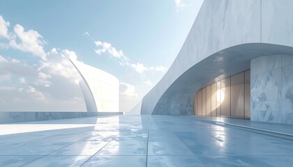 Modern, minimalist architecture against a bright blue sky with clouds