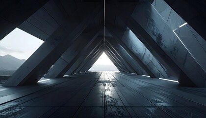 A futuristic tunnel with geometric pillars leading to a bright horizon