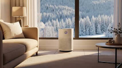 Air purifier in a cozy living room with snowy forest view