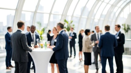 A diverse group of blurred business professionals are seen networking and engaging in conversations at a corporate event or social gathering in a modern bright setting.