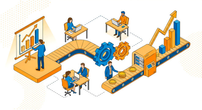 Isometric infinite workflow loop concept with cloud computing, automation, and team managing continuous business process.
