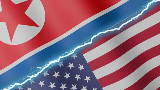 Two waving flags North Korea and United States with diagonal lightning 4k loop