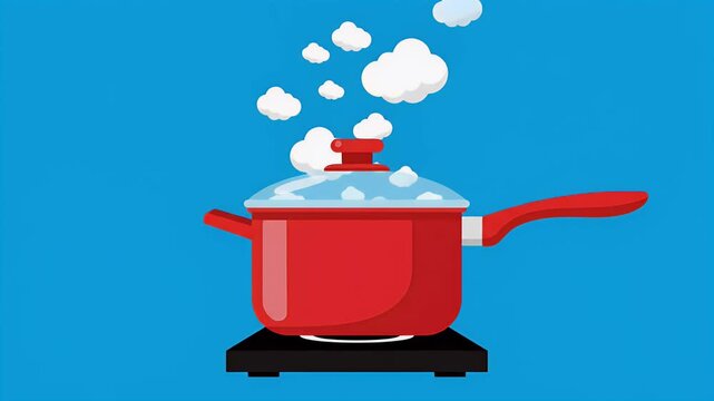 Flat design animation of a red cooking pot on a stove with rhythmic white steam puffs
