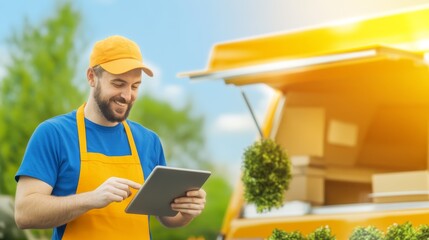 Man in orange apron and blue shirt engages with digital tablet for task management.