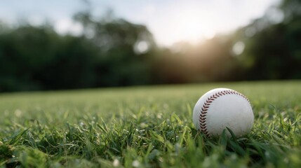 White baseball lying on a patch of green grass. the baseball is in focus, while the background is blurred, but it appears to be a park or a garden with trees and greenery.