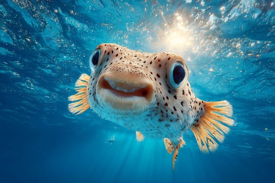 Hilarious puffed-up pufferfish with bug-like eyes staring straight at the camera