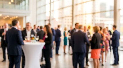A large group of diverse business professionals and attendees are networking and socializing at a vibrant corporate event in a spacious, modern hall.