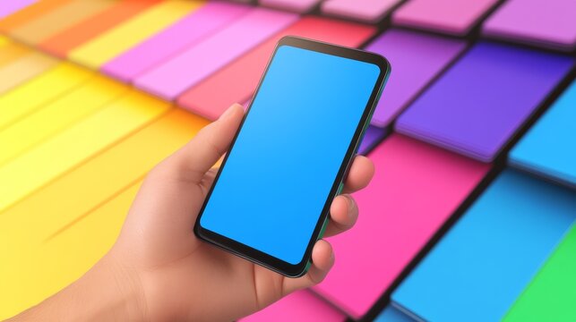 Close up of hand holding smartphone with vibrant colorful abstract background display. - Powered by Adobe