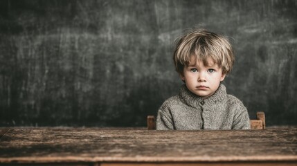 Fototapeta premium A boy, feeling lonely and sad, cries at his school desk, representing bullying