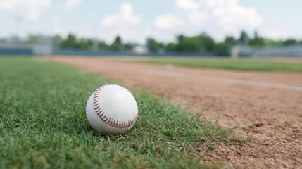 Baseball lying on the grass of a baseball field. the field is surrounded by a dirt infield and there are trees in the background. the sky is blue with some clouds and the sun is shining brightly.