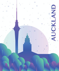 Auckland, New Zealand gradient futuristic poster. Vector landmark abstract silhouette graphic for brochure, vertical page, booklet, cover