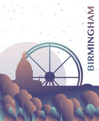Birmingham, England UK gradient futuristic poster. Vector landmark abstract silhouette graphic for brochure, vertical page, booklet, cover