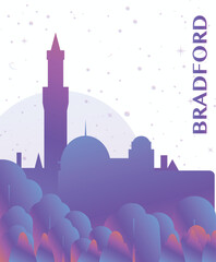 Bradford, England UK gradient futuristic poster. Vector landmark abstract silhouette graphic for brochure, vertical page, booklet, cover