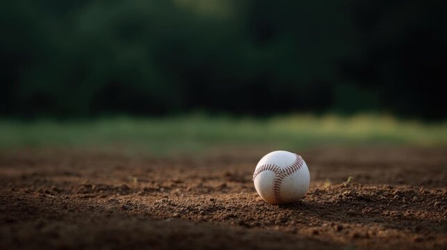 Close-up of a baseball on a baseball field. the ball is in the center of the image, with the dirt and grass visible in the background.