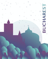 Bucharest, Romania gradient futuristic poster. Vector landmark abstract silhouette graphic for brochure, vertical page, booklet, cover