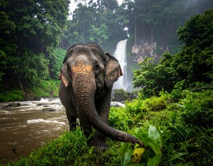 A large elephant stands near a river and waterfall in a lush green forest