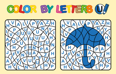Color by letter U. Coloring Umbrella. Puzzle game for children education