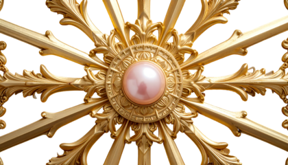 Ornate gold filigree with a central pink pearl embellishment