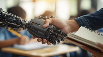 Close-up human–robot handshake in school setting, representing edtech innovation, digital transformation, and future-ready teaching