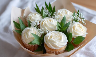 A cupcake bouquet made of 6 cupcakes decorates to look like white roses