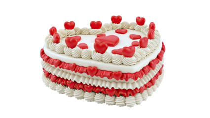 Heart-Shaped Cake with Red Hearts and Cream Frosting
